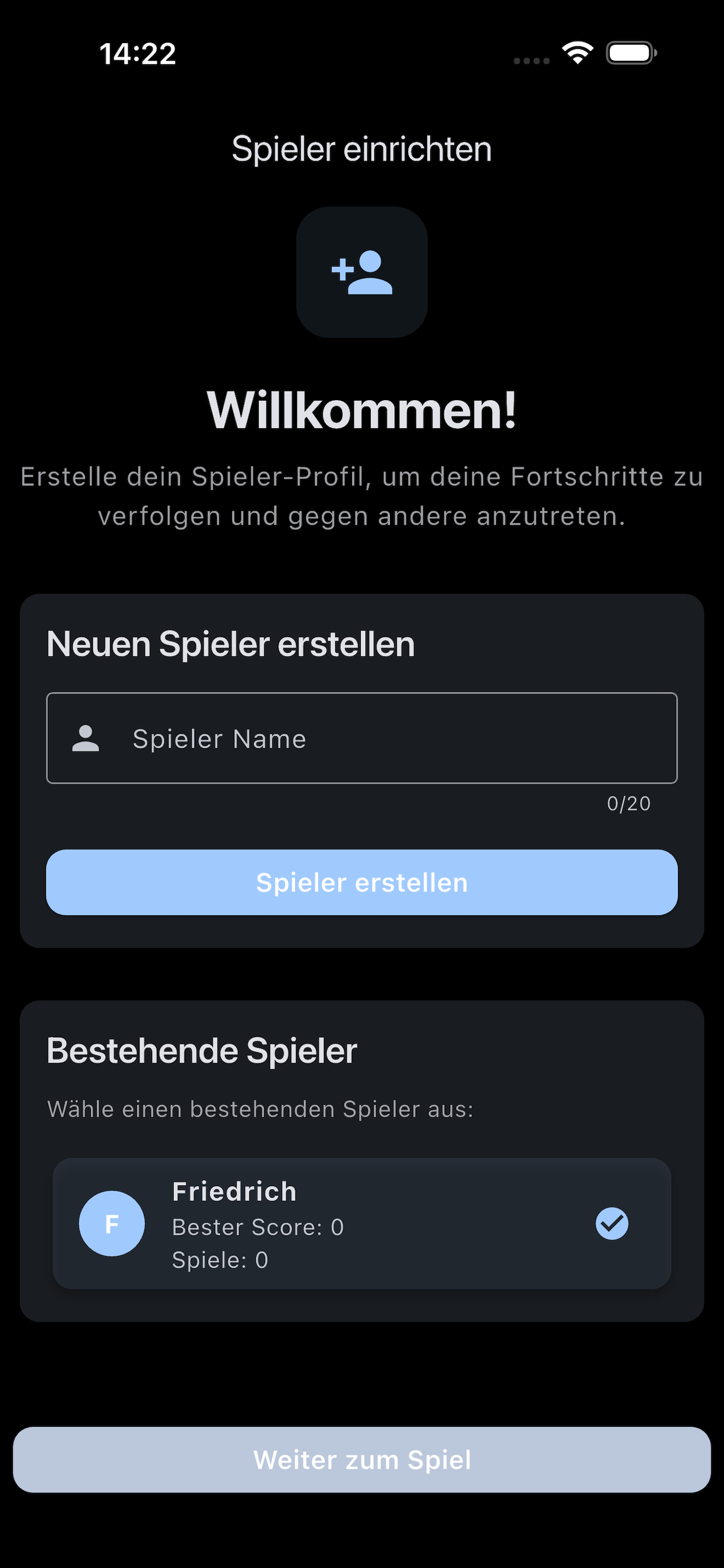 Memory Game iPhone Ansicht mit Spieler-Setup und lokaler Speicherung